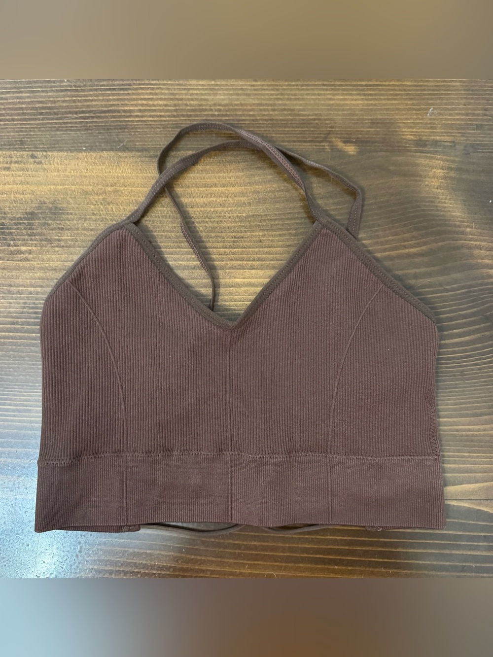 Shein brown ribbed V-neck strappy crop top